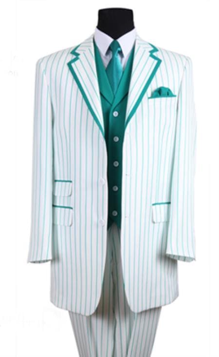 Mens Pimp Coat + Pimp Jacket Vest and Pants - Gangster Stripe Fabric White and Turquoise Suit