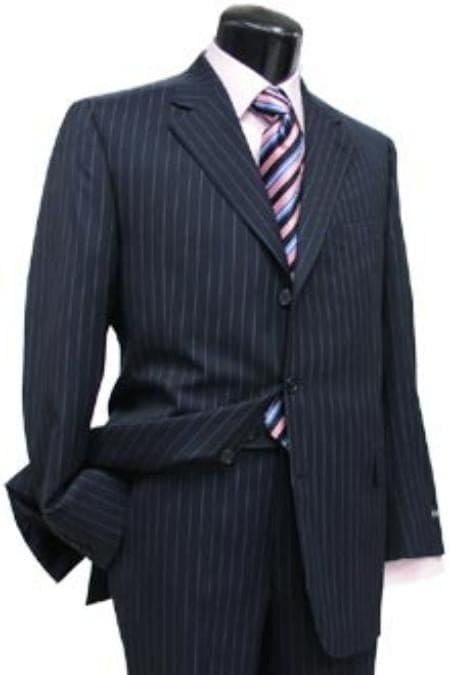 Navy Blue Suit For Men Pin Stripe ~ Pinstripe 2 Or Three ~ 3 Buttons Side Vent Jacket Super 150'S Poly~Rayon Suit