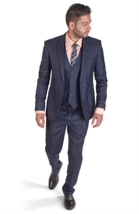 3 Piece Plaid Suit -Navy Blue Mens Plaid Suit