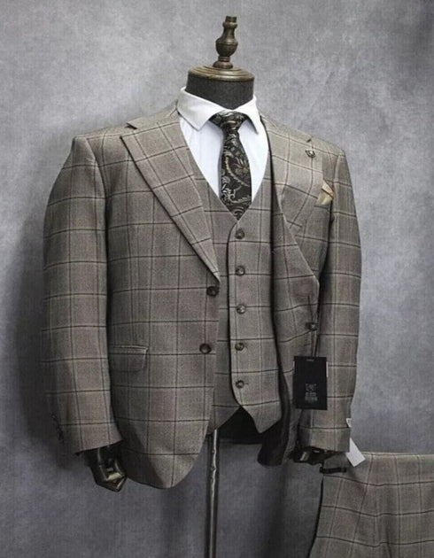 Mens Two Button Notch Lapel Plaid Pattern Suit Tan ~ Brown