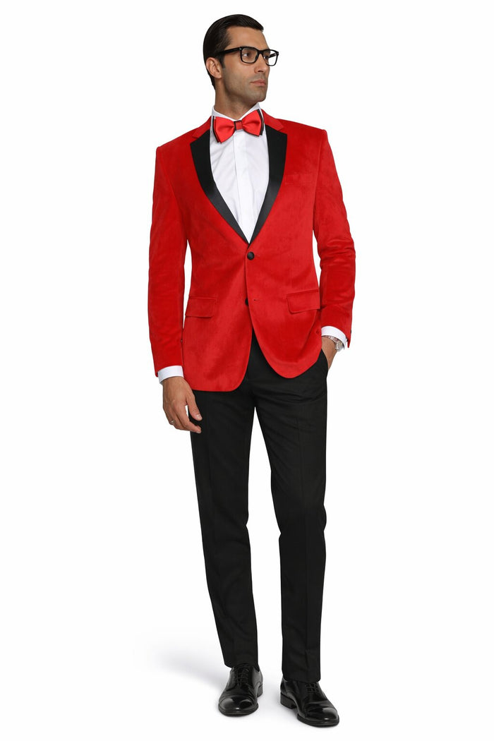 Holiday Suit - Christmas Suit - Christmas Blazer Men's Red Velvet Fabric Black Lapeled Tuxedo Discounted Cheap Priced Velour Blazer Jacket For Men Sportcoat Jacket On Sale - Red Tuxedo