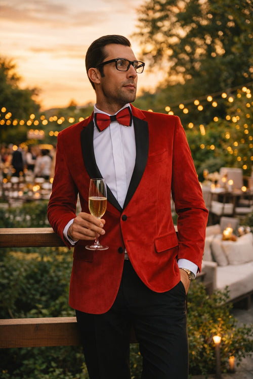 Holiday Suit - Christmas Suit - Christmas Blazer Men's Red Velvet Fabric Black Lapeled Tuxedo Discounted Cheap Priced Velour Blazer Jacket For Men Sportcoat Jacket On Sale - Red Tuxedo
