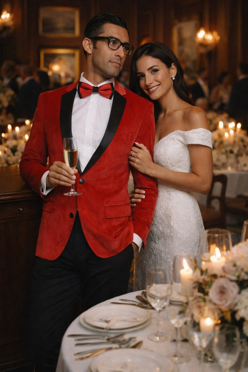 Holiday Suit - Christmas Suit - Christmas Blazer Men's Red Velvet Fabric Black Lapeled Tuxedo Discounted Cheap Priced Velour Blazer Jacket For Men Sportcoat Jacket On Sale - Red Tuxedo