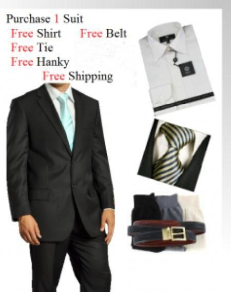 Suit And Shirt Combinations Men's Two Button Black Suit- Dress Shirt, Free Tie & Hankie Package Combo ~ Combination