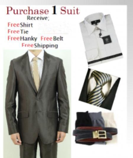 Suit And Shirt Combinations Men's Two Button Brown Slim Fit Teakwave Cheap Priced Business Suits Clearance Sale -Dress Shirt, Free Tie & Hankie Package Combo ~ Combination