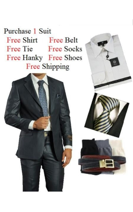 Suit And Shirt Combinations Men's 2 Piece Two Button Dark Navy Suit- Dress Shirt, Free Tie & Hankie Package Combo ~ Combination