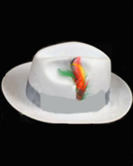 Off-white men's wool fedora with a rounded crown, tapered top, and wide brim. Features a multi-colored feather accent. Soft wool texture, smooth finish.
