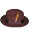 Men's rust-colored fedora crafted from wool. It has a flat crown, wide brim, and decorative band. Features a multi-colored feather accent.
