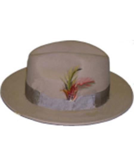 Men's tan fedora hat: flat crown, wide brim, and satin band. Features colorful feather accent. Primarily wool, a classic dress hat.
