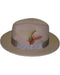 Men's tan fedora hat: flat crown, wide brim, and satin band. Features colorful feather accent. Primarily wool, a classic dress hat.
