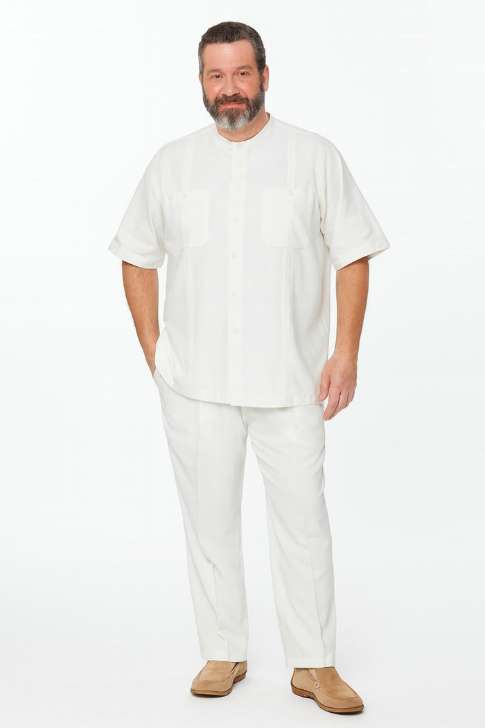 Men's white linen two-piece set: short-sleeve shirt with banded collar & two chest pockets, plus straight-leg pants. Lightweight, solid white linen.
