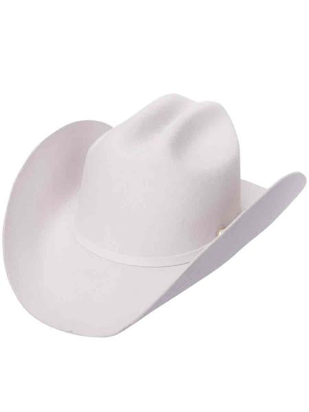 White cowboy hat with high crown and wide, curved brim. Likely felt or similar textile. Features a smooth finish with subtle crown ridges.
