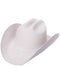 White cowboy hat with high crown and wide, curved brim. Likely felt or similar textile. Features a smooth finish with subtle crown ridges.
