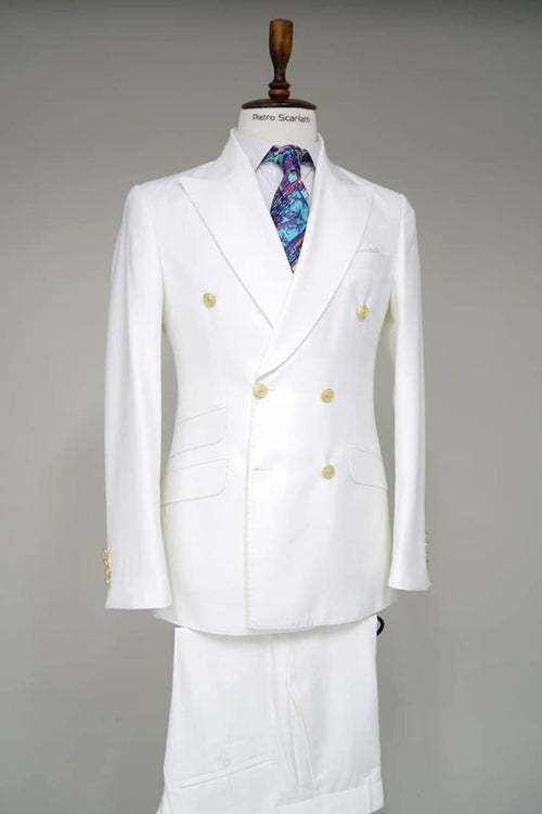 Mens White Double-Breasted Suit with Gold Buttons â€“ Formal Slim Fit 2-Piece Set