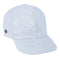 White ostrich leather baseball cap. Smooth surface with textured dots. Rounded crown, stiff bill. Metallic side emblem for detail.
