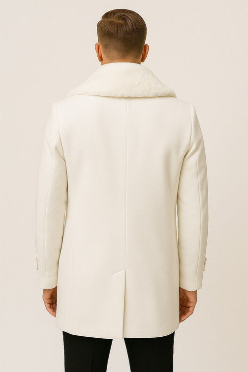 Men's white peacoat with double-breasted closure. Smooth fabric, textured collar, tailored fit to hips. Central back vent. Solid white, minimalist design.
