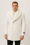 Men's white peacoat: double-breasted, large buttons, wide collar. Heavy fabric (likely wool), side pockets. Classic design for warmth and style.
