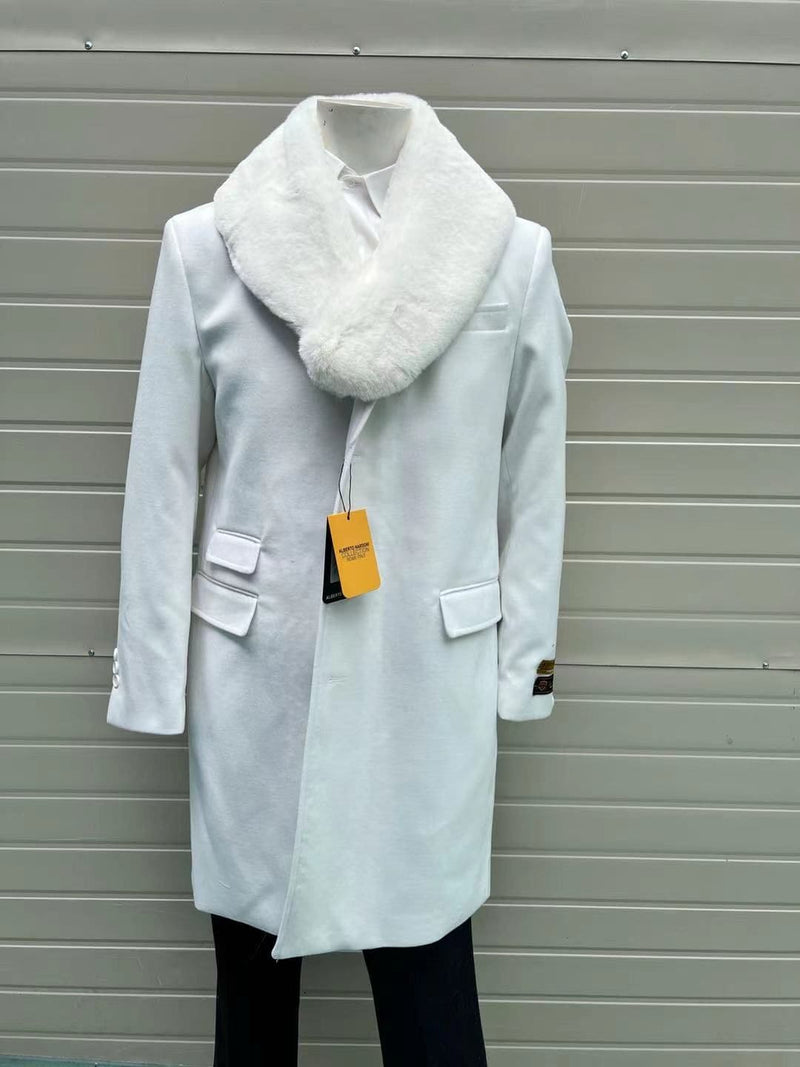Mens White Wool Overcoat with Plush Faux Fur Shawl Collar â€“ Alberto Nardoni Formal Winter Coat
