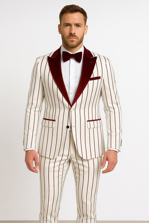 Mens White and Burgundy Pinstripe Tuxedo with Velvet Shawl Lapel and Matching Bow Tie
