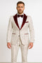 Mens White and Burgundy Pinstripe Tuxedo with Velvet Shawl Lapel and Matching Bow Tie