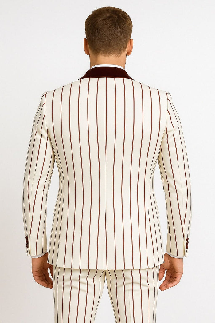 Mens White and Burgundy Pinstripe Tuxedo with Velvet Shawl Lapel and Matching Bow Tie