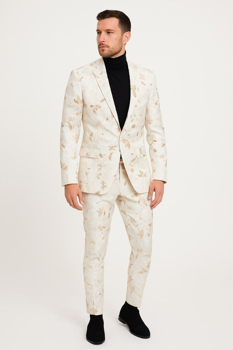 Mens White and Gold Embroidered Floral Suit â€“ Prom Tuxedo Suit