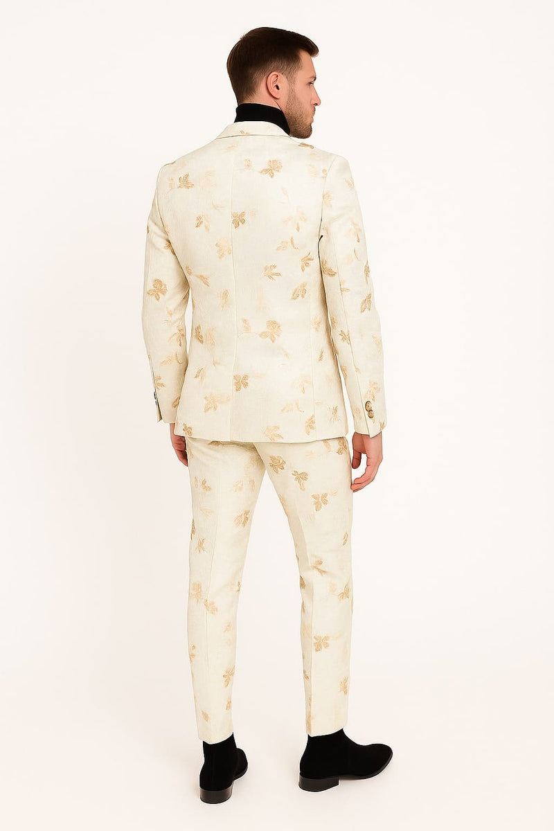 Mens White and Gold Embroidered Floral Suit â€“ Prom Tuxedo Suit