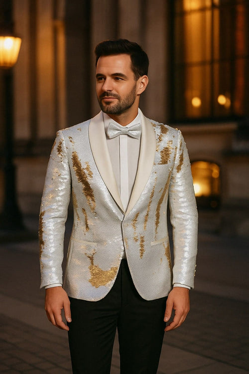 Mens White and Gold Reversible Sequin Tuxedo Jacket with Satin Lapel and Matching Bow Tie