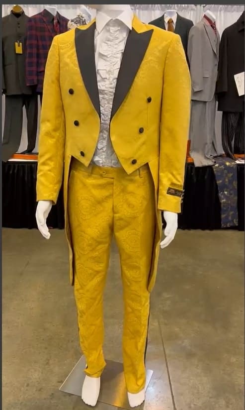 Mens Yellow Tailcoat Tuxedo with Black Lapel and Brocade Detailing â€“ Formal Vintage Style Suit