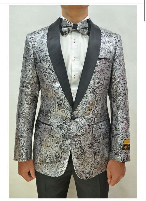 Silver and Black Tuxedo Blazer with Matching Bow Tie - Paisley Sport Coat For Prom or Wedding
