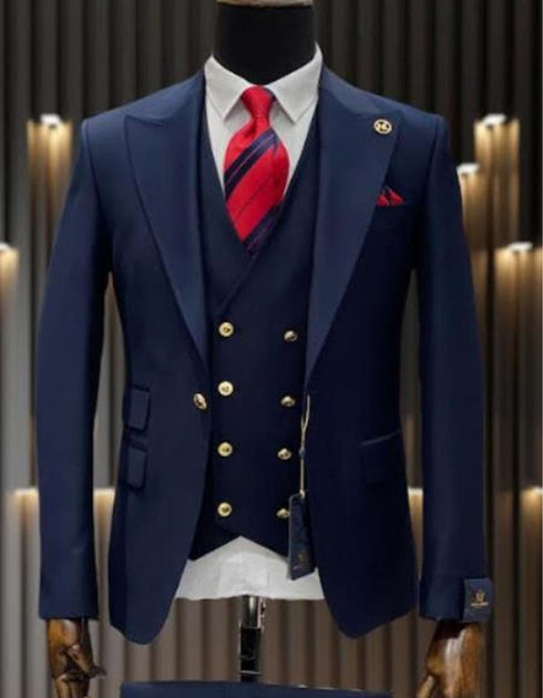 3 piece Suit - Navy Blue   Three Piece Suit - Mens One Button Peak Lapel Vested Wool Suit with Gold buttons in Navy Blue