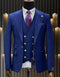 Mens One Button Peak Lapel Vested Wool Suit with Gold buttons in Sapphire Blue