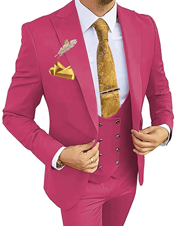 Mens One Button Vested Wedding Suit with Gold buttons in Rose Gold