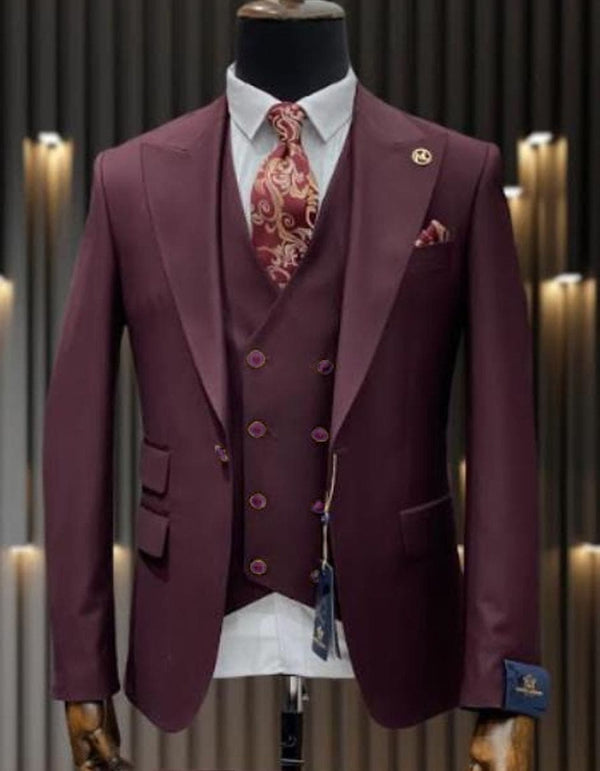 Mens One Button Peak Lapel Double Breasted Wool Suit in Burgundy