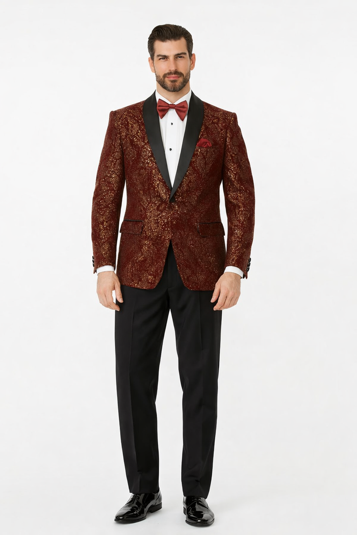 Mens Burgundy and gold Paisley Glitter 2-Button Tuxedo Suit