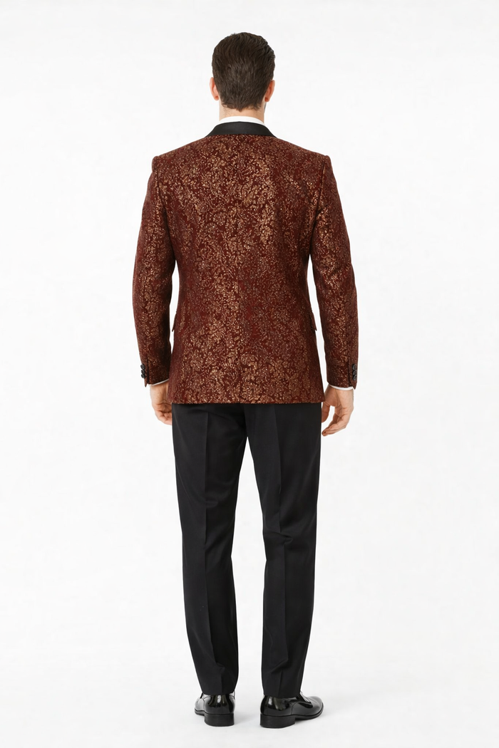 Mens Burgundy and gold Paisley Glitter 2-Button Tuxedo Suit