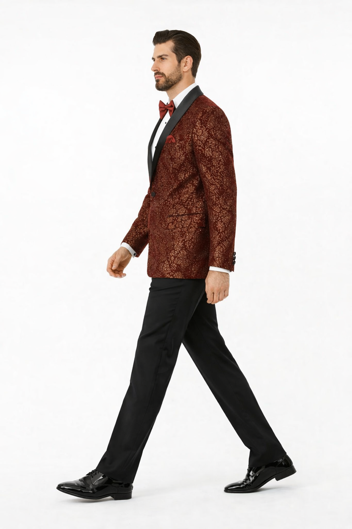 Mens Burgundy and gold Paisley Glitter 2-Button Tuxedo Suit