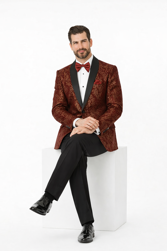 Mens Burgundy and gold Paisley Glitter 2-Button Tuxedo Suit