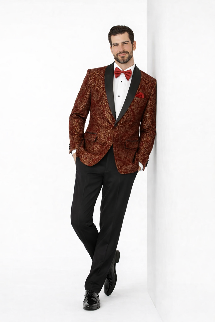 Mens Burgundy and gold Paisley Glitter 2-Button Tuxedo Suit