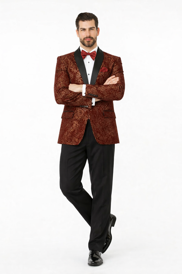 Mens Burgundy and gold Paisley Glitter 2-Button Tuxedo Suit