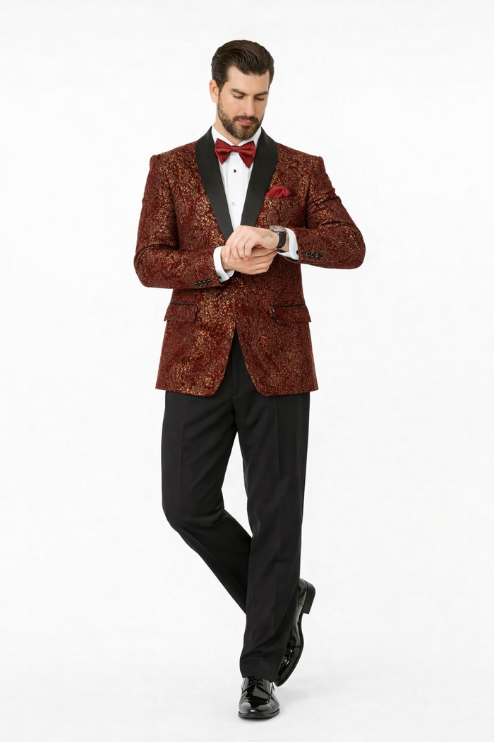 Mens Burgundy and gold Paisley Glitter 2-Button Tuxedo Suit