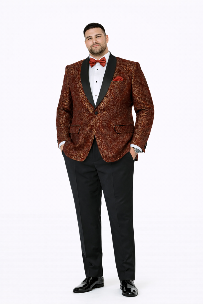 Mens Burgundy and gold Paisley Glitter 2-Button Tuxedo Suit