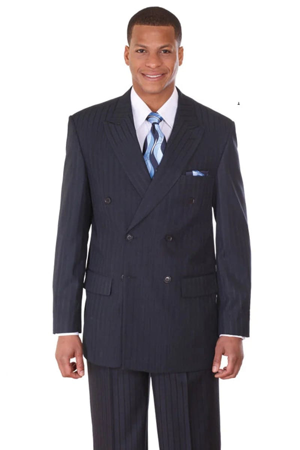 Mens Double Breasted Ton on Ton Stripe Suit in Navy