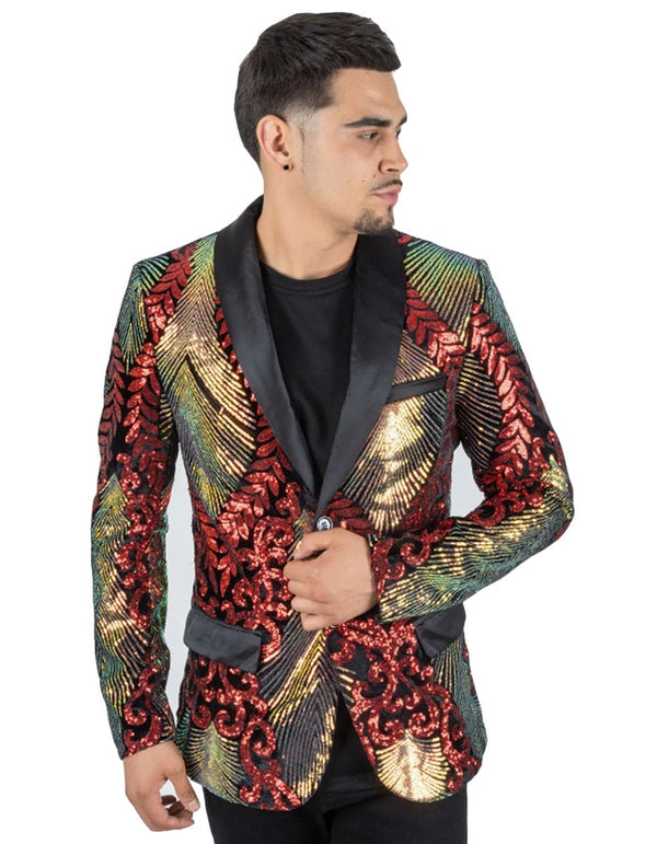 Mens Red & Gold Paisley Sequin Prom Blazer Tuxedo