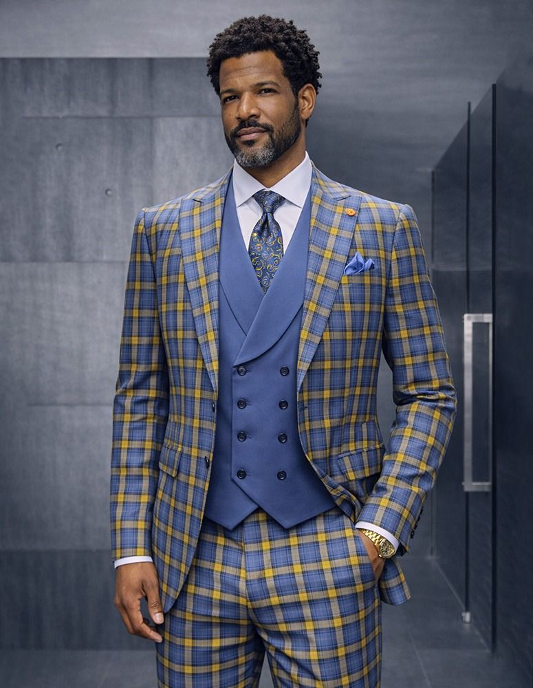 Statement Mens Modern Fit 3 Piece 100% Super 200s Wool Windowpane Plaid Suit – Double Breasted Vest