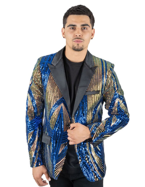 Mens Royal Blue & Gold Linear Sequin Prom Blazer Tuxedo