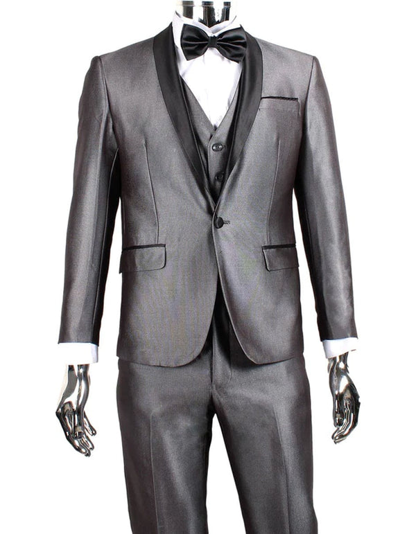 Mens 1 Button Shawl Lapel Vested Wedding | Prom Tuxedo in Silver Grey Sharkskin