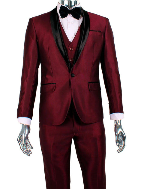 Mens 1 Button Shawl Lapel Vested Wedding | Prom Tuxedo in Burgundy Sharkskin