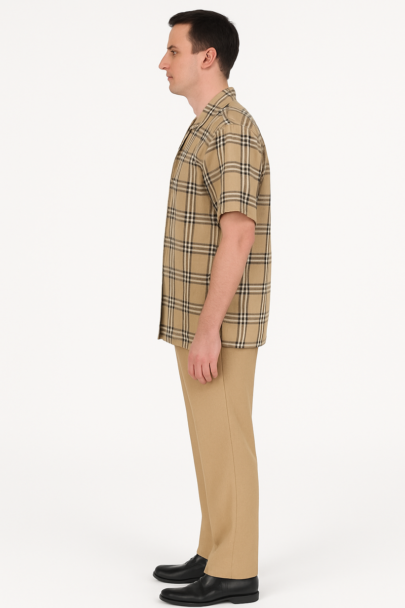 Men's beige plaid summer shirt. Short sleeves, relaxed fit. Beige and brown crisscross pattern, collar, lightweight fabric. Open front, comfortable for warm weather.
