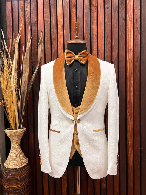 Mens White Tuxedo with gold velvet lapel Slim fit 3 piece Tuxedo | Premium